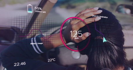 Adjusting hair Indian woman driving on highway with AR display showing 125 km or h speed, copy space