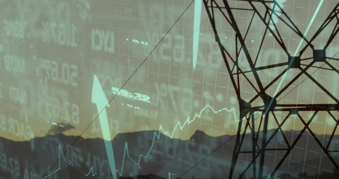 Fototapeta Transmission tower rising against mountain ridge at dusk, with financial data overlay, copy space