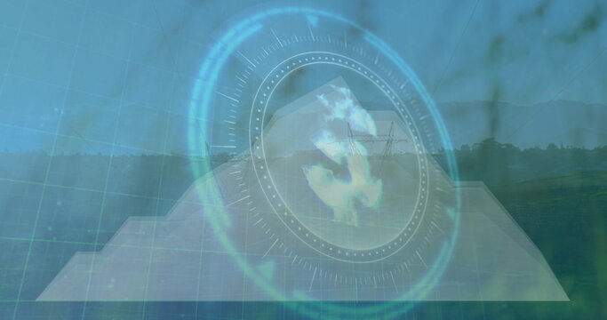 Fototapeta Projecting holographic interface over stepped pyramid in countryside, power towers and grid overlay