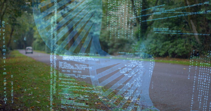 Fototapeta Floating translucent helix graphic merging code lines over rural forest road, with parked vehicle
