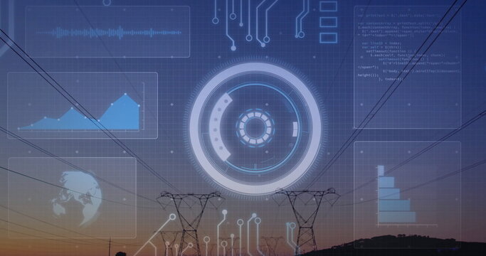 Overlaying HUD on power towers at dawn, with waveform, charts, map, code snippet and circuit traces - Powered by Adobe