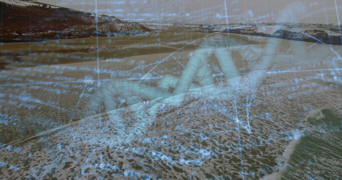 Displaying translucent DNA helix blending with sandy waves at shoreline, with floating numeric text - Powered by Adobe