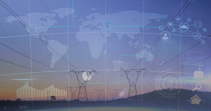 Steel lattice towers carrying power lines over rolling hills at sunset with digital network overlay