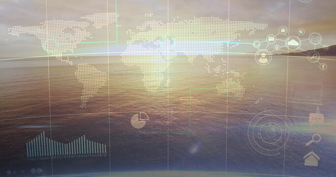 Floating dotted map overlay over ocean horizon at sunrise, with pie chart and bar graph icons