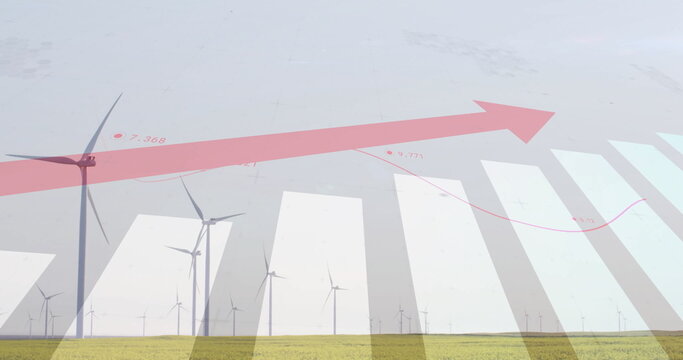 Displaying wind turbine standing on grassy plain, chart and arrowed line graph overlay, copy space