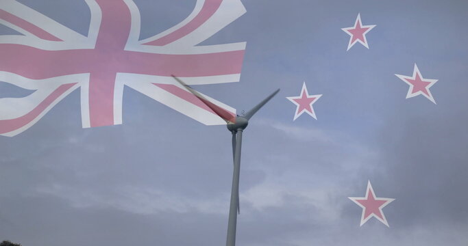 Standing tall wind turbine rotating slowly in rural landscape, with translucent New Zealand flag - Powered by Adobe