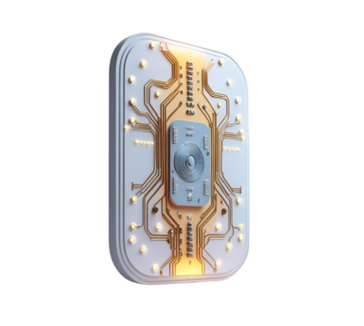 White circuitboard with golden lines glows. Digital design isolated on transparent PNG background for tech branding, poster.