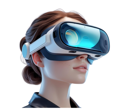 Woman wears modern blue VR headset on transparent PNG. Use as a mockup, tech banner, or virtual reality poster.