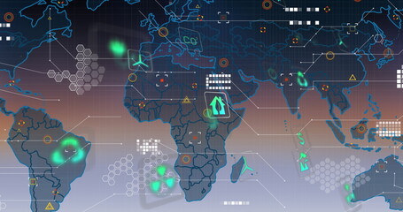 Digital world map showing heatmap spots, hex grids, warning markers and eco icons in dashboard UI