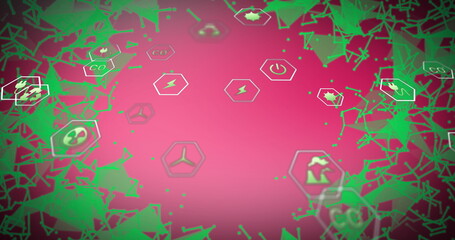 Displaying green network with hexagonal icons on screen presenting energy and environmental symbols