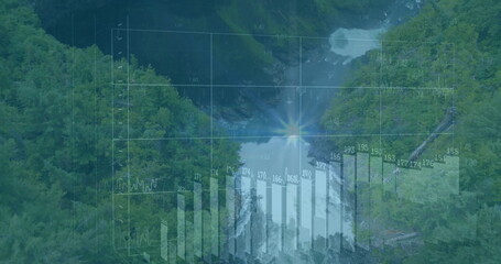 Displaying bar chart overlaying mountain valley with waterfall, sun starburst numeric labels