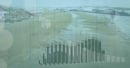 Displaying 3D bar chart overlaying shallow water shore with grid axes, line graphs and value labels © vectorfusionart