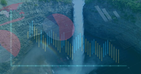Flowing waterfall streaming down rocky cliffs in forested gorge, with rainbow and chart overlays
