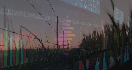 Displaying barbed wire fence and grain stalks framing silo at twilight, overlaying finance charts