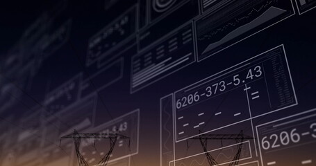 Floating transparent data panels showing numeric fields and charts over transmission towers at dusk