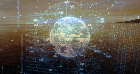 Obraz premium Floating Earth globe above sea at sunset showing numeric data labels, code streams, orbital paths