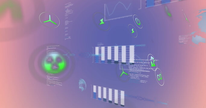Displaying central white-blue chart cluster pulsing on gradient interface, with green energy icons