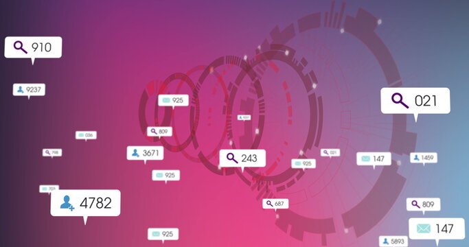 Floating data bubbles on dashboard with rings, values on magnifying glass user envelope icons