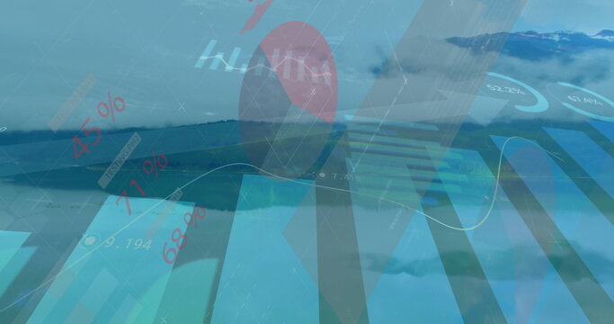 Displaying translucent data overlay at coastal lake, bar, line, pie charts, % labels, grid lines