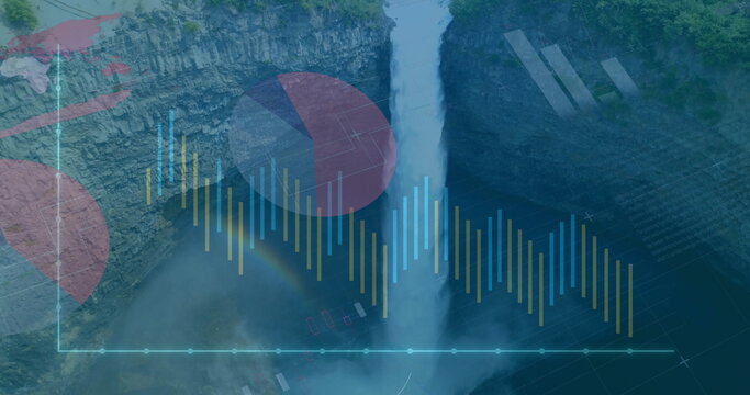 Fototapeta Flowing waterfall streaming down rocky cliffs in forested gorge, with rainbow and chart overlays