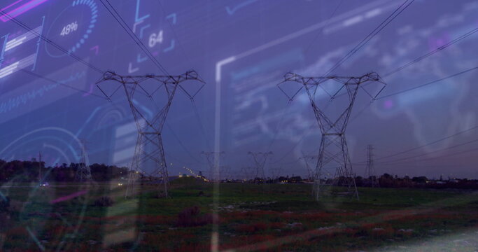 Standing steel power line towers receding across grassy field at dusk, with digital overlay