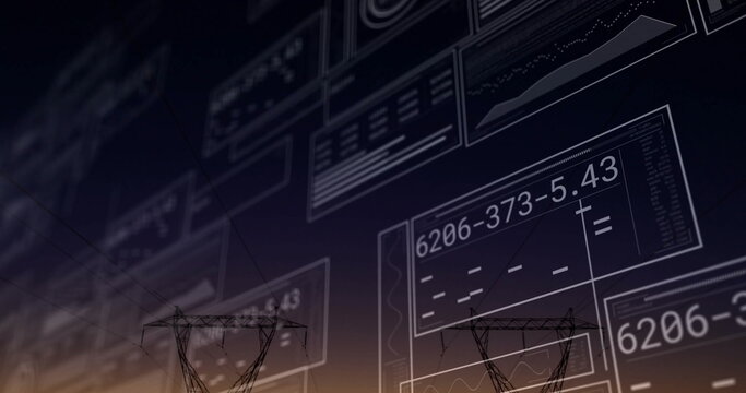 Floating transparent data panels showing numeric fields and charts over transmission towers at dusk