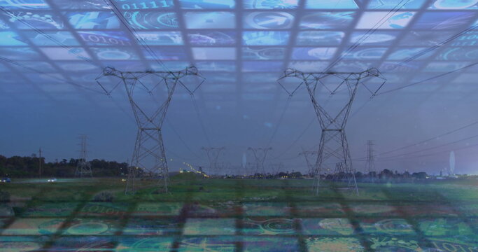 Blending high-voltage towers and power lines rising over grassy field at dusk, with digital panels - Powered by Adobe