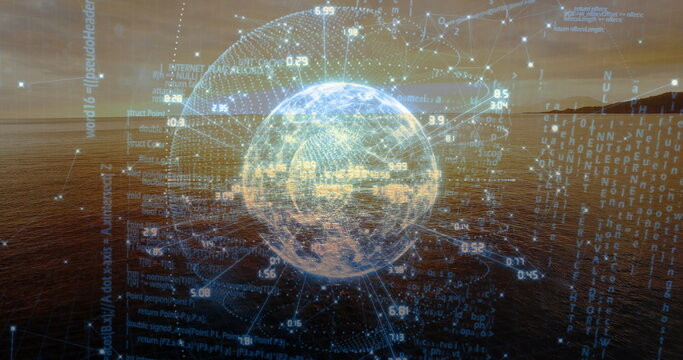 Fototapeta Floating Earth globe above sea at sunset showing numeric data labels, code streams, orbital paths