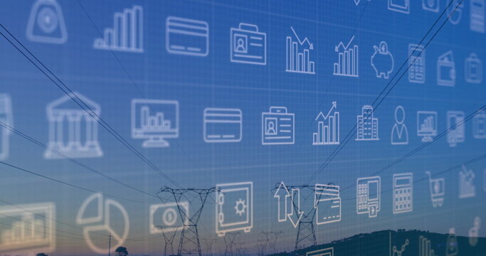 Fototapeta Displaying high voltage towers stretching across rural hills at twilight, with financial icons