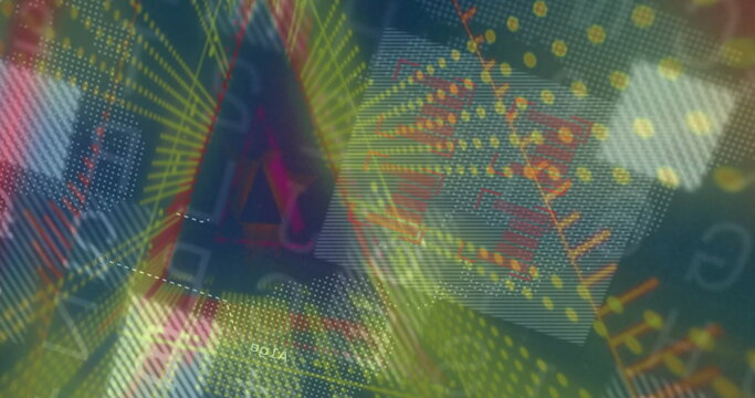 Translucent triangle interface pulsing neon radial lines in dashboard, with numeric characters
