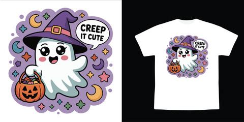 Creep It Cute Halloween Ghost Vector – Kawaii Witch Ghost with Candy and Stars T-Shirt Design