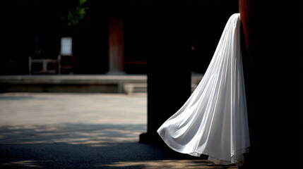 beautifully arranged coat hanging on hook at entrance of temple bathed in ultrabright sunlight