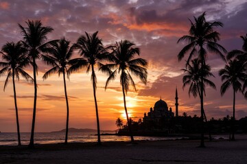 Obraz premium A photograph of a serene sunset over a tropical beach with a majestic mosque silhouette in the distance