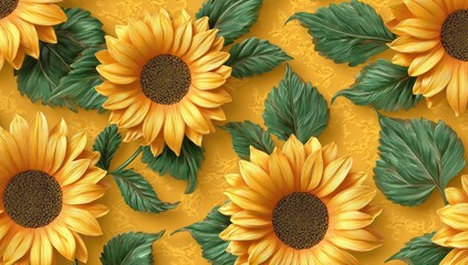 Sunflowers, leaves, yellow background, floral pattern, design