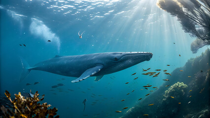 Majestic humpback whale glides through sunlit ocean waters amidst kelp forest and small fish