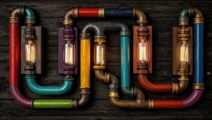 Colorful pipe wall lamp illuminates dark wood