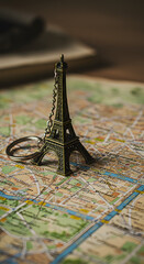 A miniature eiffel tower keychain resting on a detailed map with blurred background elements visible