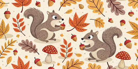 Obraz premium Charming autumn squirrels gather acorns amidst vibrant fall leaves and whimsical mushrooms