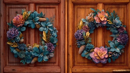 Two wreaths, rich in color and texture, adorn a wooden door