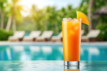 Tropical Orange Juice Cocktail by a Swimming Pool with Palm Trees drink beverage