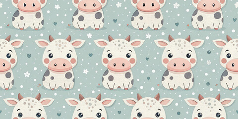Obraz premium Adorable baby cows with sweet expressions create a charming, whimsical pattern perfect for nursery decor.