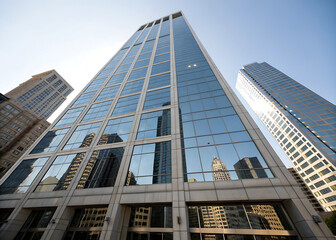 Modern glass skyscraper reflecting the sky and surrounding buildings viewed from below isolated on white background