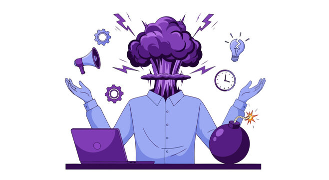 Vector art of man with exploding head symbolizing stress and mental overload from work pressure and deadlines, isolated on white background