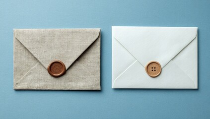 Two sealed envelopes, linen and white, on blue background, for correspondence