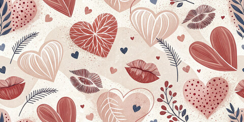 Charming Valentine's Day hearts and lips pattern evokes love, romance, and playful affection beautifully