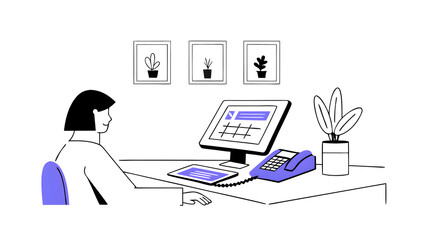 a receptionist is making an online reservation at a hotel reception.