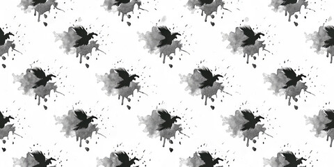 Dynamic raven silhouette with ink splatters creates a striking, modern artistic pattern
