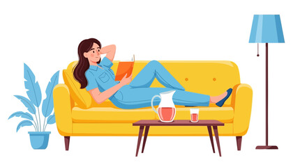 Fototapeta premium Vector art of a woman in blue pajamas is relaxing on a yellow couch, reading a book, with a plant, table, and lamp in the room, isolated on white background