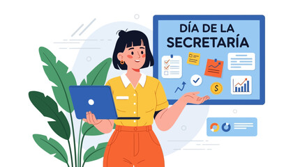 Vector art of secretarys day celebration with a professional woman holding a laptop in front of a presentation board with charts and notes, isolated on white background