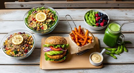 Diverse and Colorful Vegan Meal Selection on a White Wooden Table Display